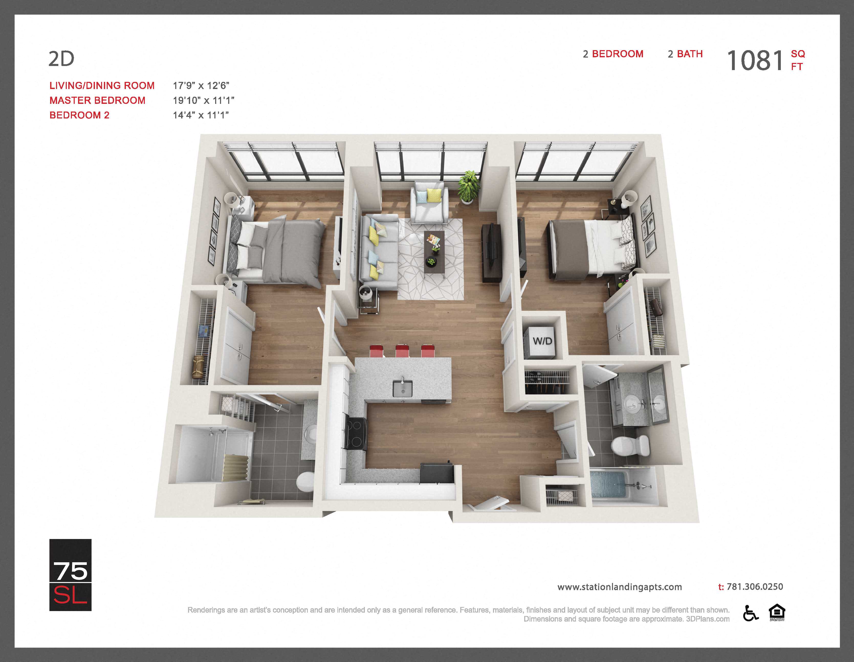 Floor plan for 2 beds, 2 baths, 1060 sqft